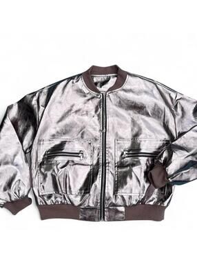 Silver rose mauve metallic bomber jacket with brown accents